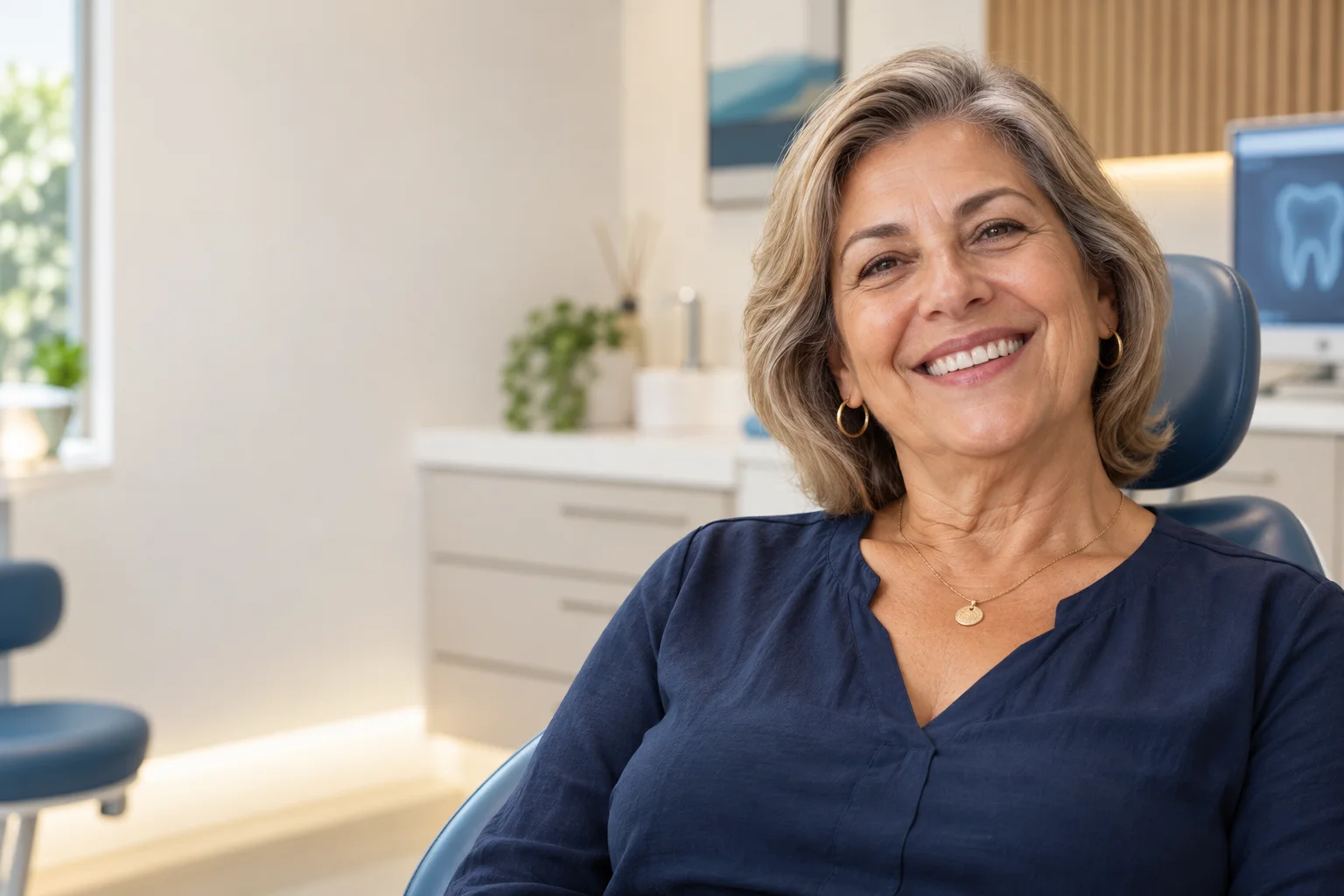 Paciente adulta sorrindo em ambiente odontológico acolhedor