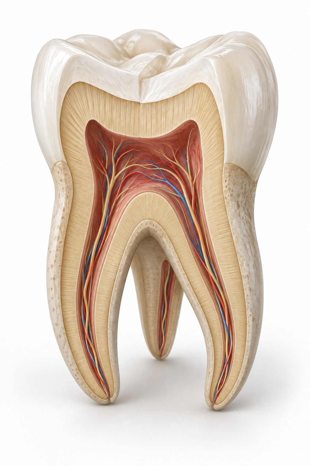 Ilustração 3D educativa de molar em corte mostrando esmalte, dentina, polpa e canais radiculares