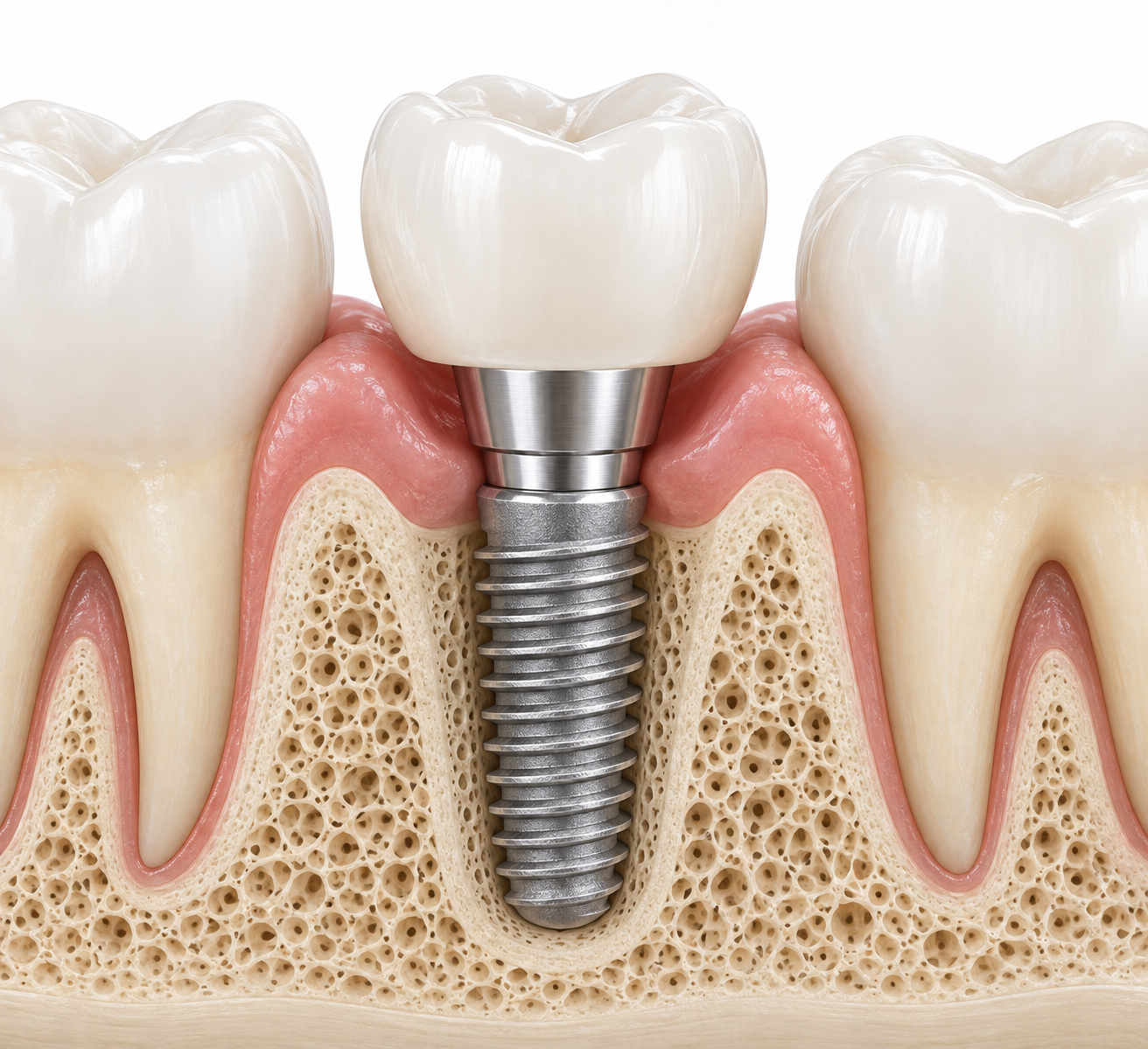 Ilustração 3D educativa de implante dentário, componente protético, coroa e osso