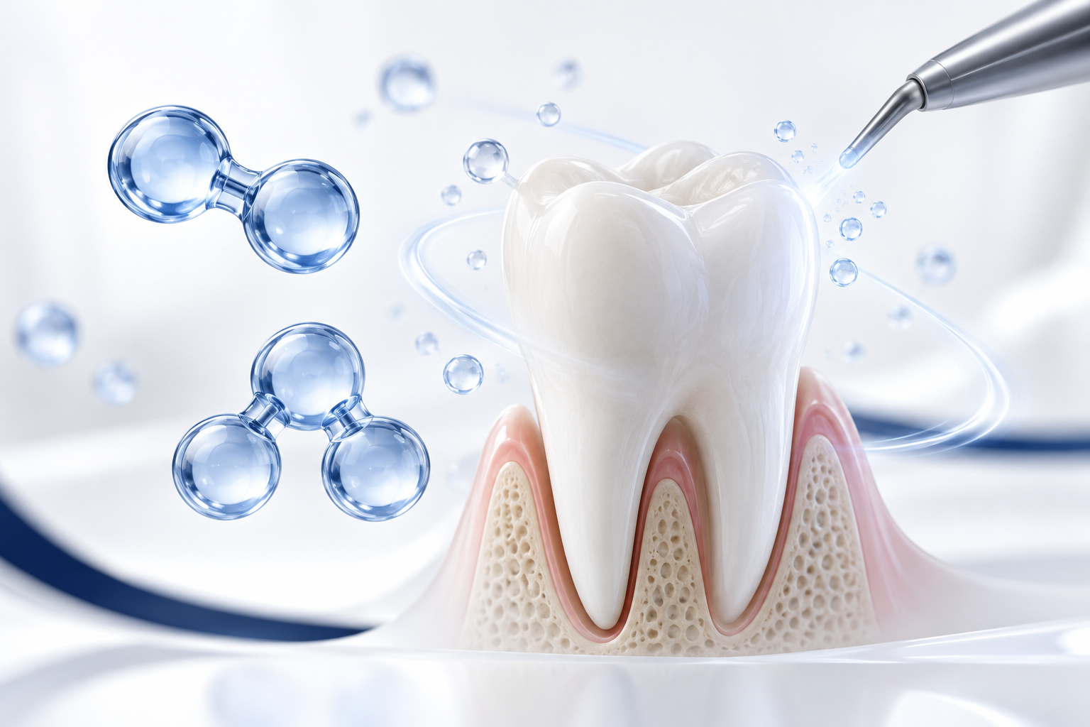 Ilustração 3D conceitual de moléculas de oxigênio e ozônio integradas à anatomia dental