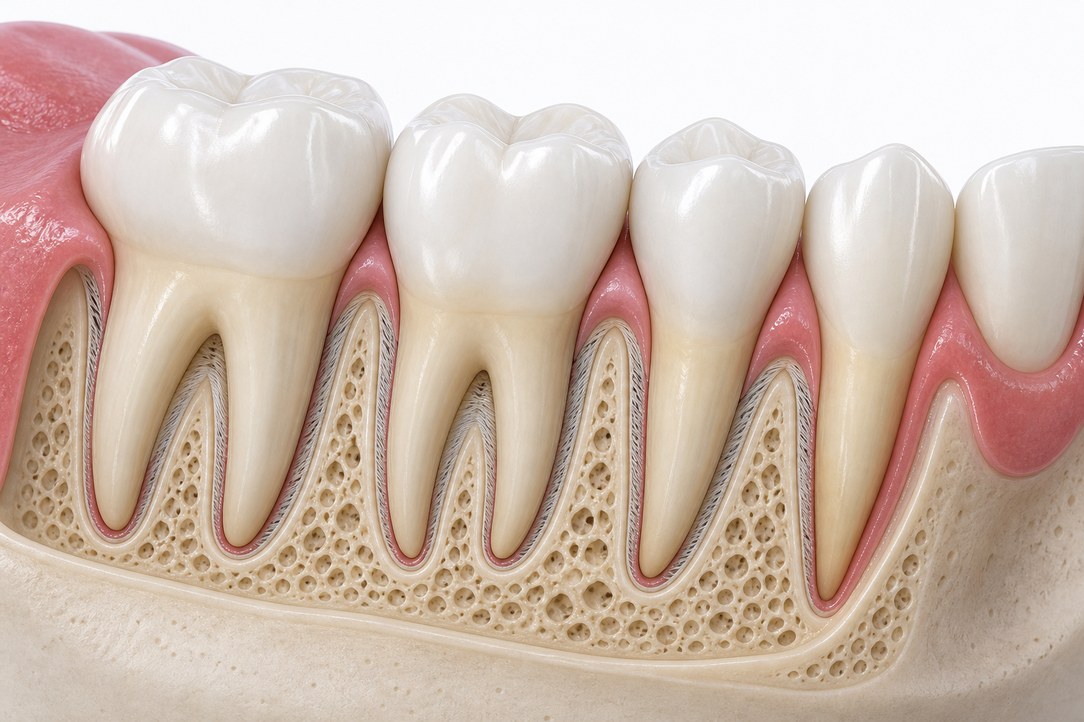 Ilustração 3D educativa de dentes, gengiva e tecidos periodontais de sustentação