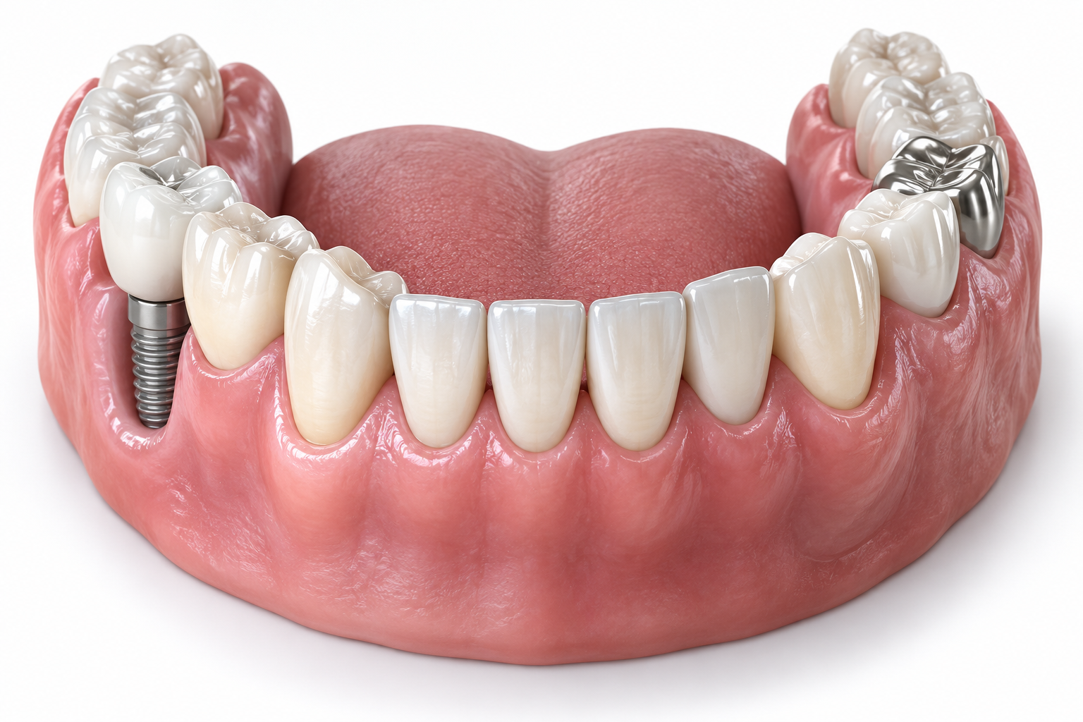 Ilustração 3D educativa de arco dentário com dentes, coroas e restauração sobre implante