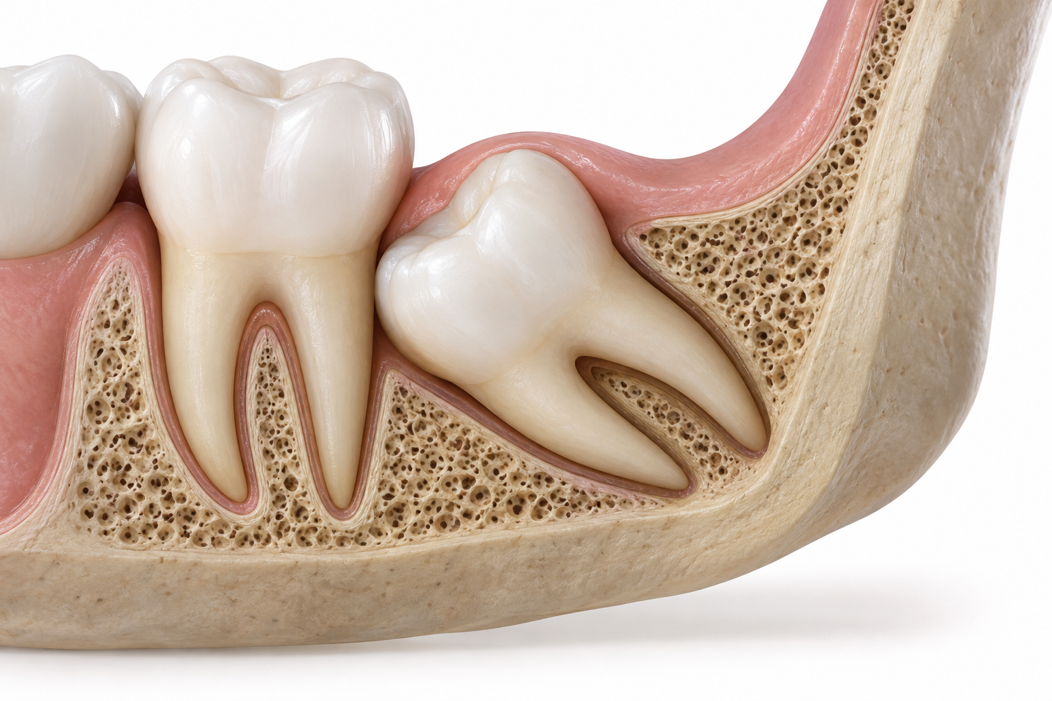 Ilustração 3D educativa de terceiro molar e dente vizinho em corte anatômico da mandíbula